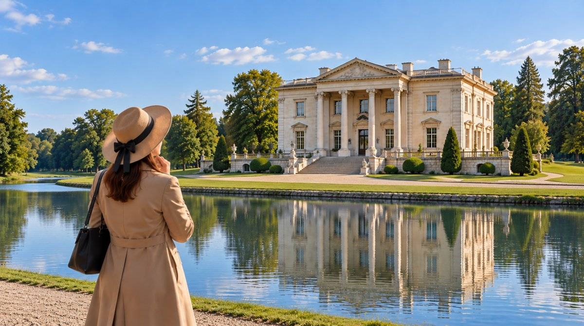 Schloss des Klassizismus am See mit Frau davor
